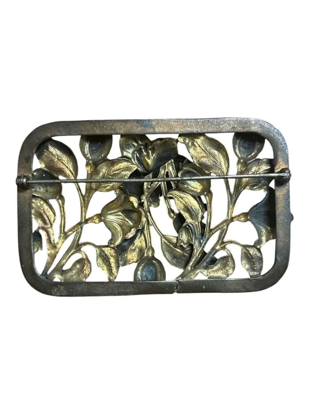 Vintage Large Brass Rectangle Floral Brooch